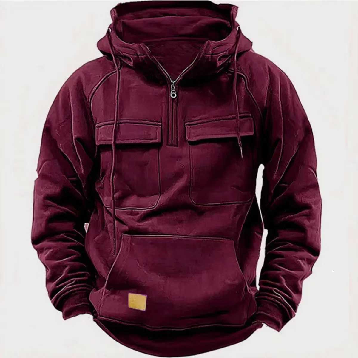 New autumnwinter mens hooded solidcolor casual hoodie fashionable young mans multipocket patch hoodie pullover shirt W251021