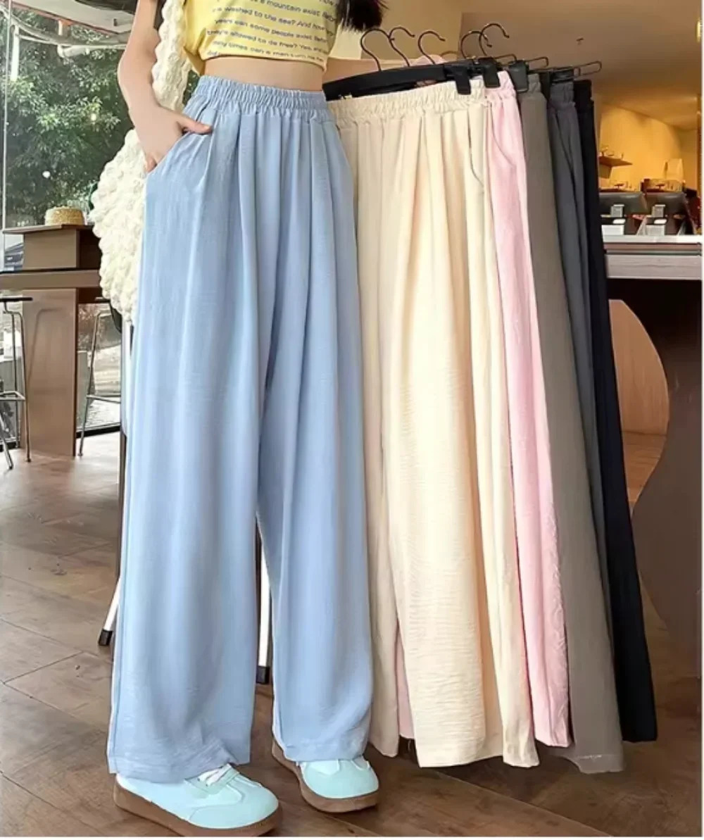 Solid color Women AnkleLength Wide Leg Pants Casual Summer Elastic Waist Loose Ice Silk Spring Female Trousers 251015