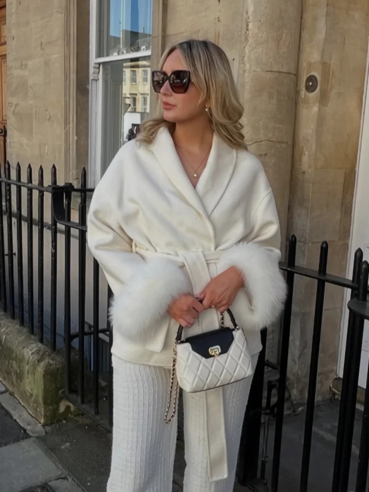 Elegant Lace Up Woolen Coats Women Solid Full Sleeve Turndown Collar Loose Thick Warm Coats 2025 Autumn Winter Outwears Lady 251021