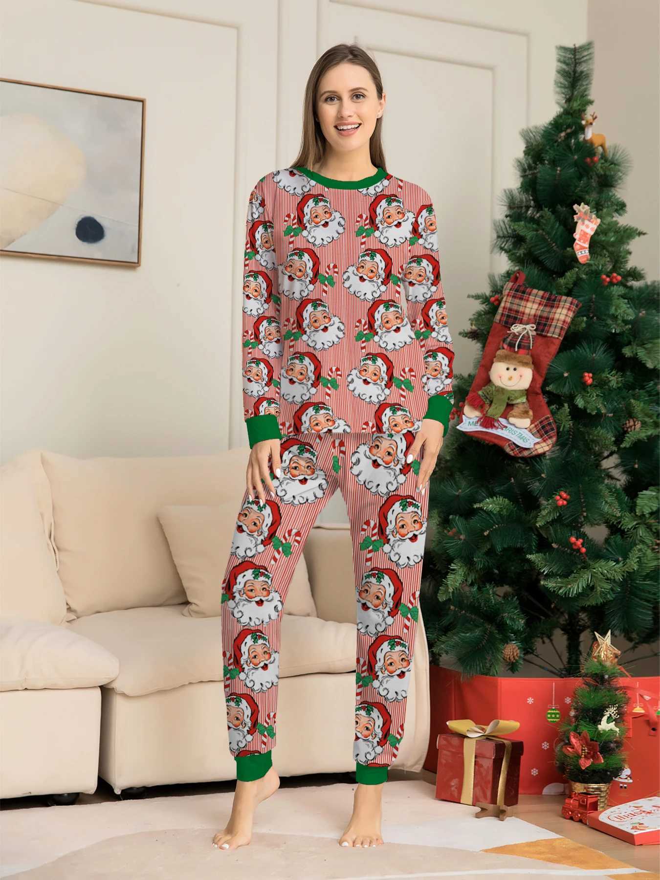 Parent Child Christmas Pajamas Set Pink White Stripe Santa Claus Green Trim Prints L251021LGBL
