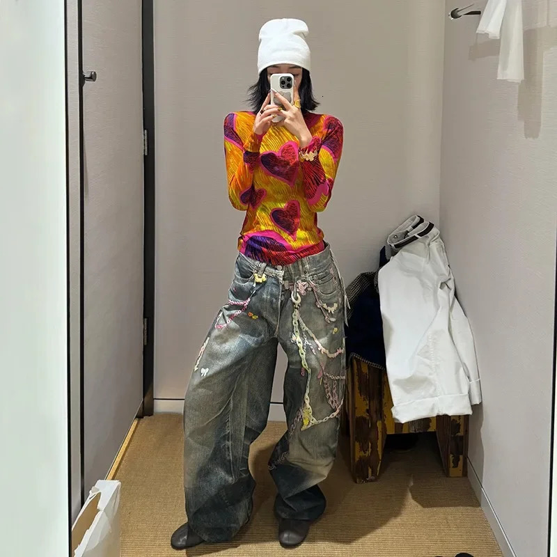 American High Street 3D Digital Print Candy Chain Weathered Knife Straight Leg Casual Jeans for Men And Women 251017