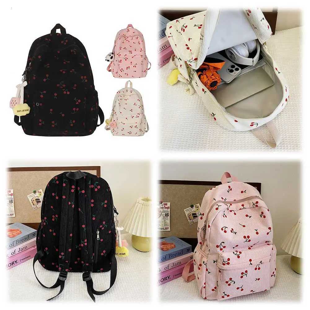 Corduroy Backpack Cherry Pattern Women Travel Daypack Adjustable Strap Laptop Backpack Rucksack for Work Shopping SchoolW251020