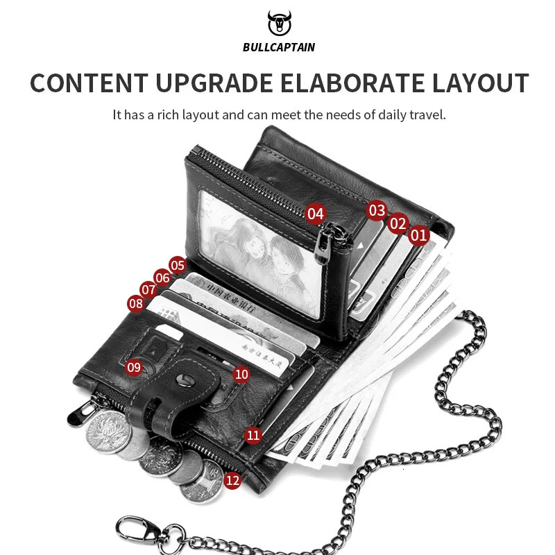 Bullcaptain Genuine Leather Mens Wallet Fashion Quality Travel Purse Rfid Protect Credit Card Holder Wollst for Men with Chain 251013