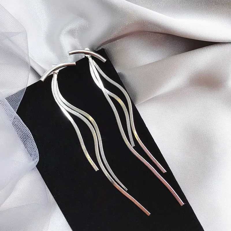 LATS 2022 Korean Vintage Glossy Arc Bar Long Thread Tassel Drop Earrings for Women Geometric Fashion Jewelry Hanging Pendientes J251021