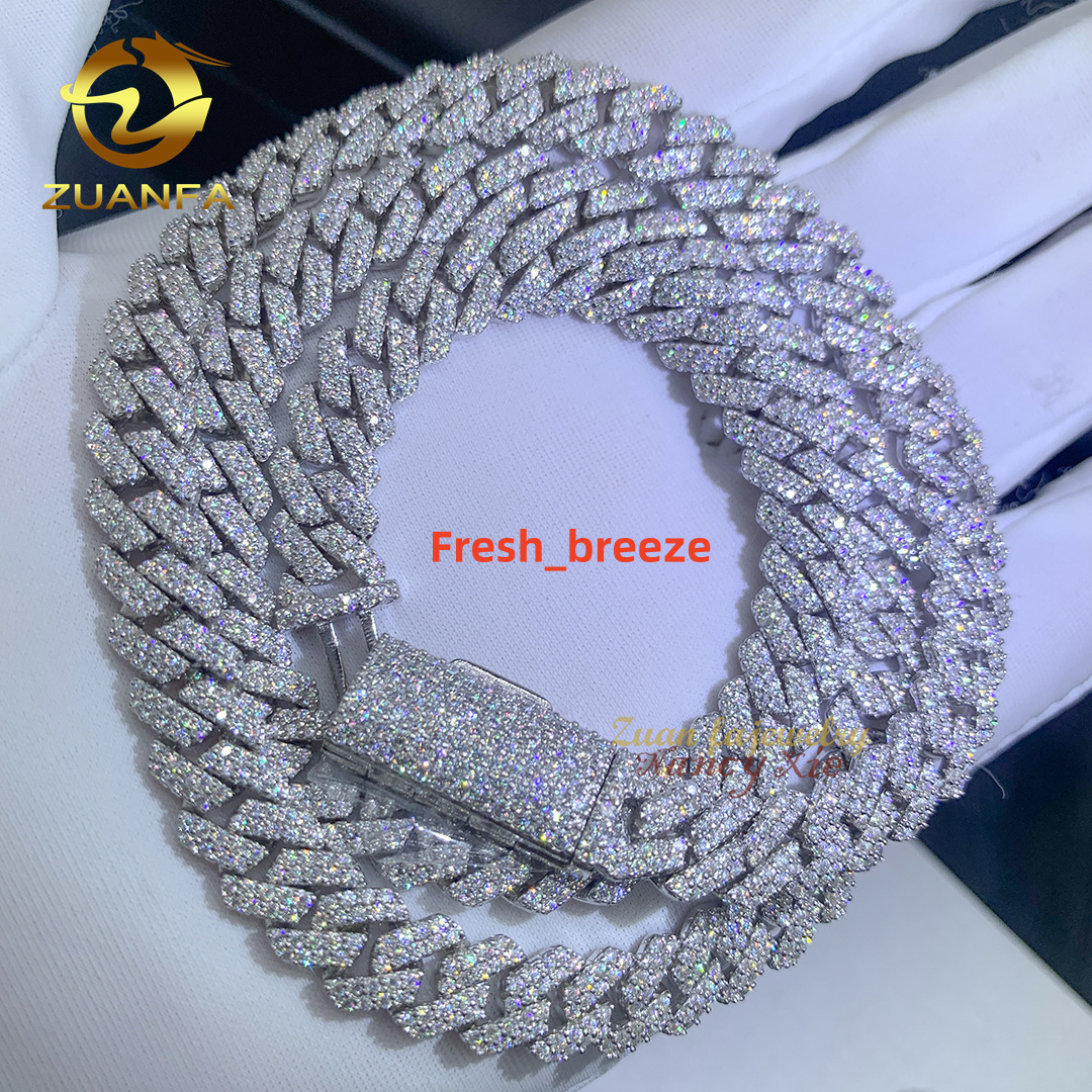 Hip Hop Men 8MM Prong Cuban Link Chain Necklace Bling Iced Out 2Row Moissanite S925 Silver Rhombus Cuban Necklace Jewelry