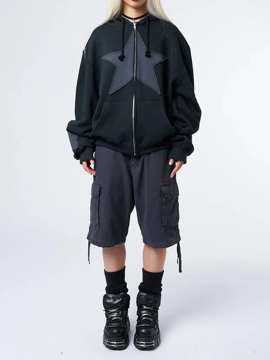 Y2K Vintage Star Print Hooded Hoodie for Women Casual Loose Long Sleeve Zip Up Drawstring Sweatshirts Autumn Spring Coat Street 251017