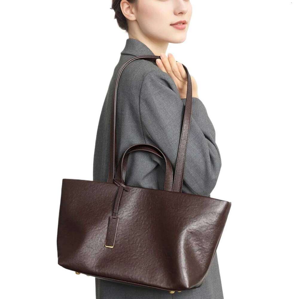 Classic Large Vintage Vegetable Tanned Leather Women Totes Coffee Color High Quality 2 Lenght Handle Daily Travel Handbag
