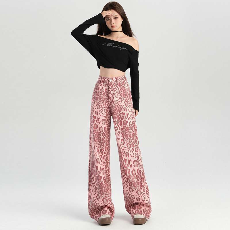 2025 Pink Leopard Pattern Designer Pants Women's Printed Jeans Autumn Thin Loose Autumn New High Waist Straight Tube Wide Leg Floor Length