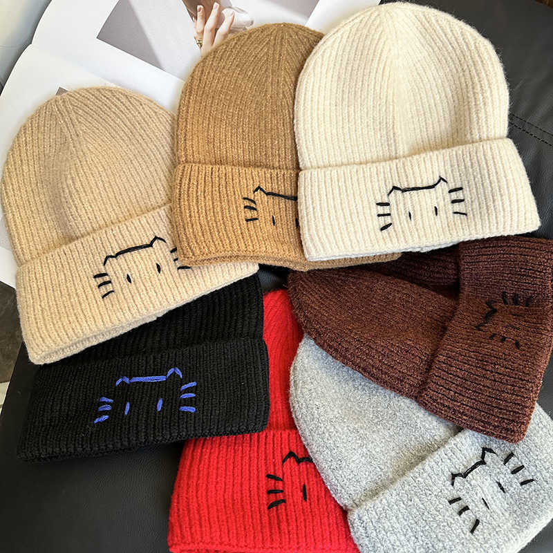 Hat Versatile 2025 Autumn Winter Style Knitted Hat New Cute Cat Handmade Embroidery Warm Ear Protection Knitted Fashion H251020