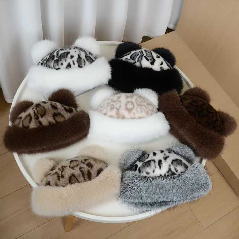 Pastoral Style Warm Fur Hat Leopard Print Bear Ears Cute Hat H251020