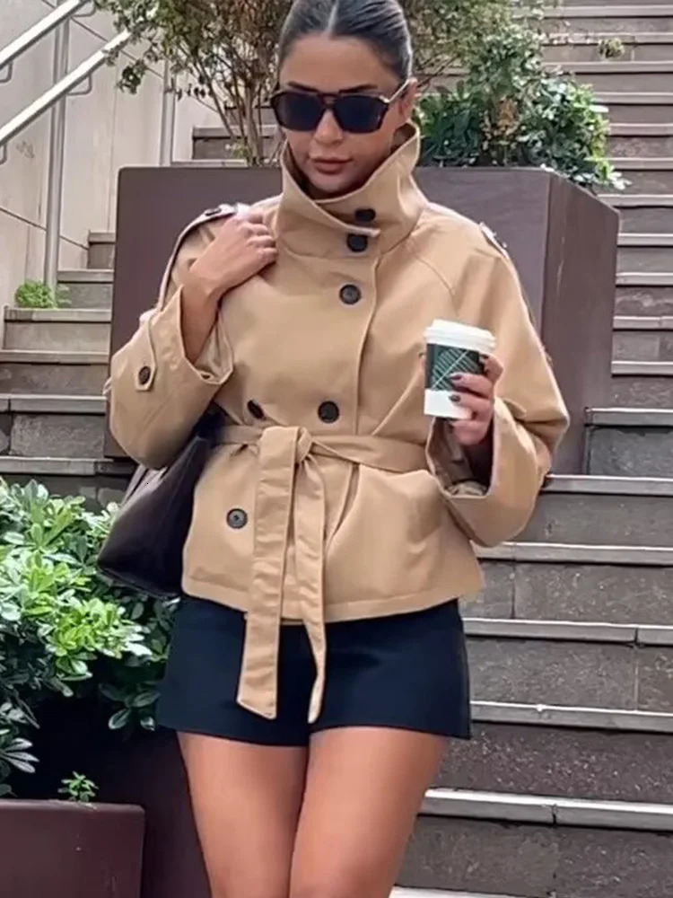 HH Female Fashion Doublebreasted Laceup Trench Pockets Coat Long Sleeve Jacket Women Autumn Casual Street Short 251017