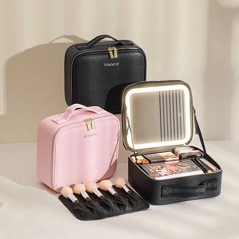Makeup Travel Train Case with LED Lighted Mirror 3 Color Adjust Settings Travel Makeup Bag With Adjustable DividersW251021