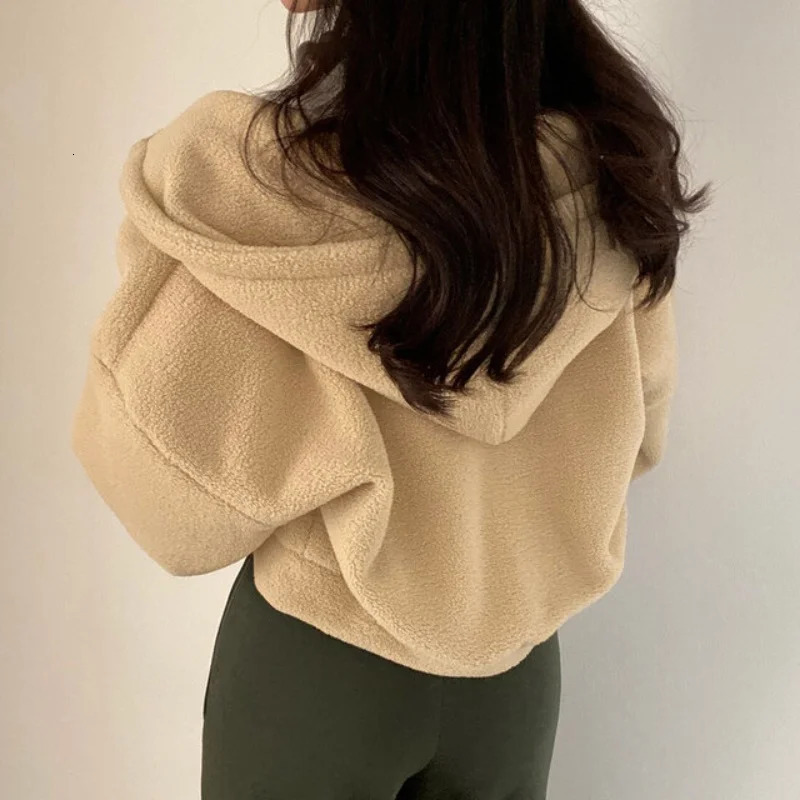 Women Autumn Winter Thicken Warm Fleece Hoodie Zipper Drawstring Short Coat Lamb Fur Velvet Jacket Casual Sweatshirt Streetwear 251021