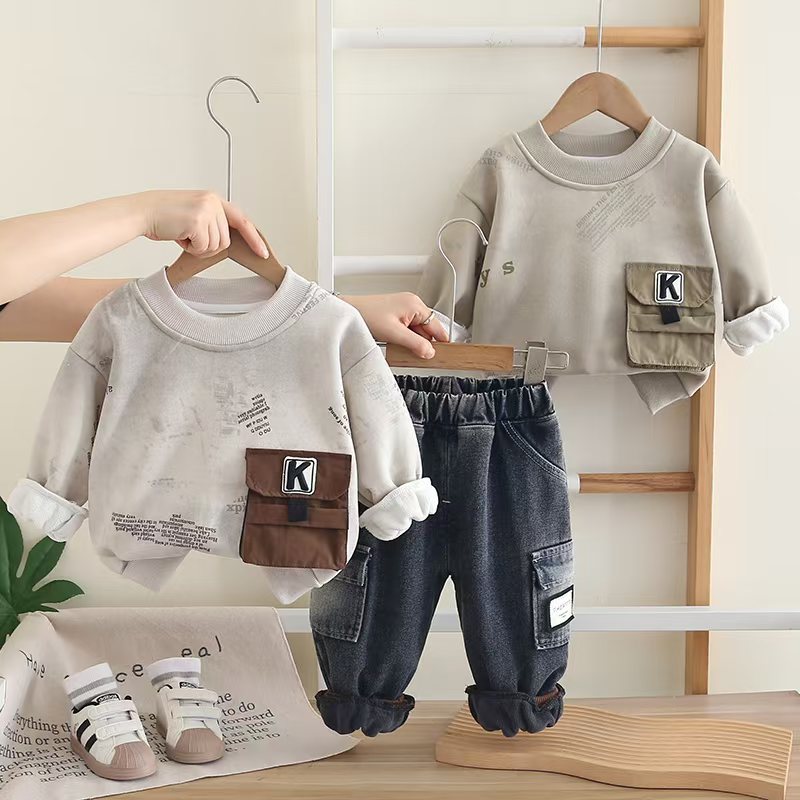 Free Shipping 2025 New Boys Fleece-Lined Outfit 2-Piece Set, Kids Crewneck Warm Tracksuit, Winter Clothing for Toddler Boys