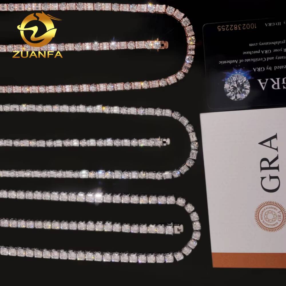 Trending Fancy Cut Moissanite Tennis Chain Necklace Asscher Emerald Baguette 925 Sterling Silver Iced Out Hip Hop Jewelry