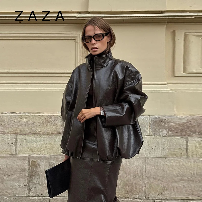 Vintage Solid Pu Leather Jacket Skirt Set High Neck Coat Slim Fit Long Skirt Coats Skirt Sets 2025 Autumn Winter Lady Outfit 251013