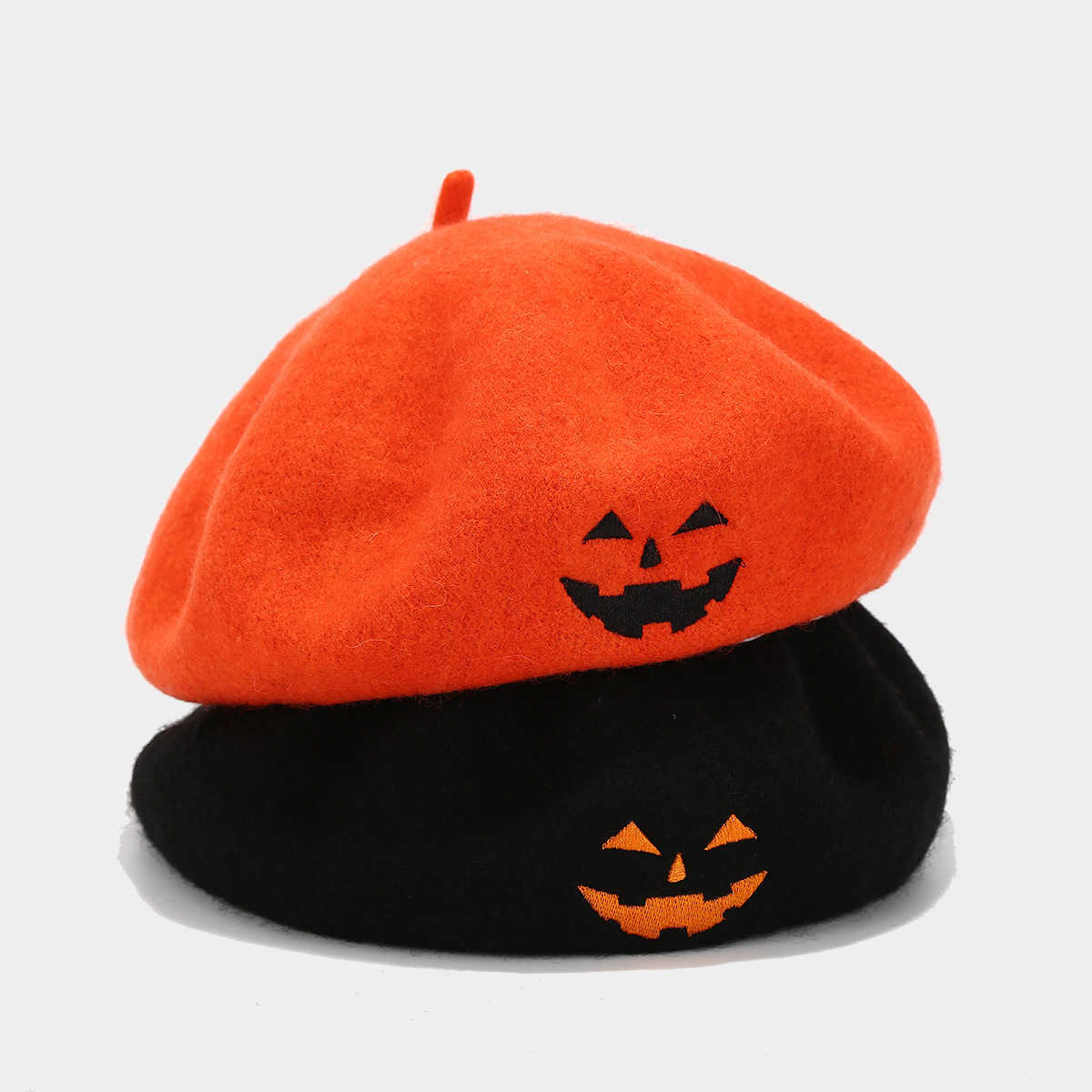 Skull Embroidery Halloween Hat for Women Trendy Personality Wool Beret Orange Pumpkin Hat H251020