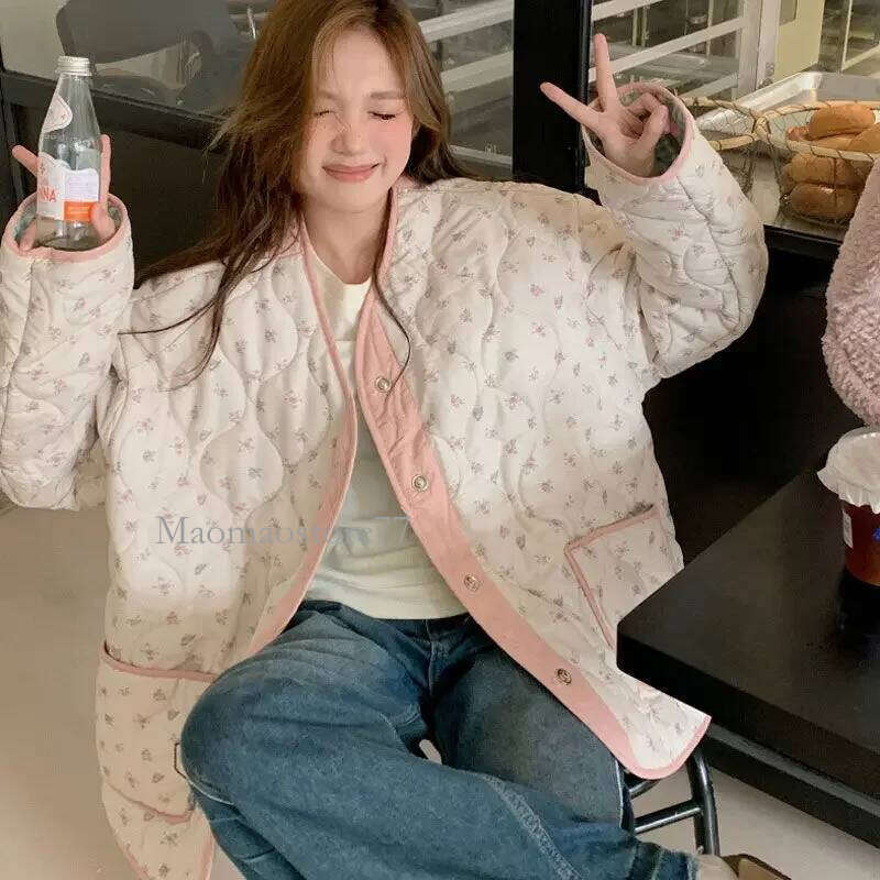 New Rhombus Small Tops Floral Quilted Cotton-Padded Jacket Outerwear Winter Double-Sided Wear Mid-Length Cotton-Padded Jackets womens coat