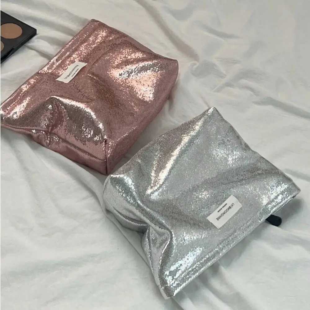 Portable Shiny Sequins Makeup Bag Silver Solid Color Cosmetic Bag Champagne Toiletries Skincare Storage Bag WomenW251021