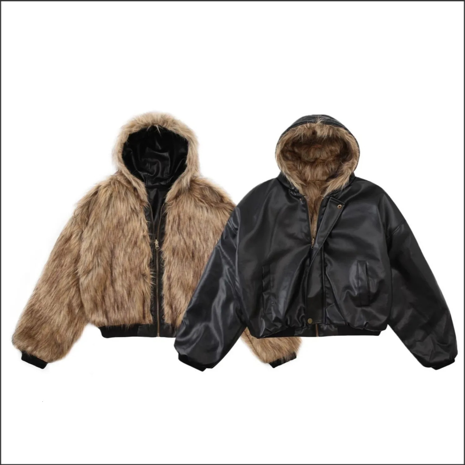 Vintage Short American Faux Fur Coat Reversible Wear Hooded Warm Pu Leather Jacket Winter Thick Chic Outerwear 251020