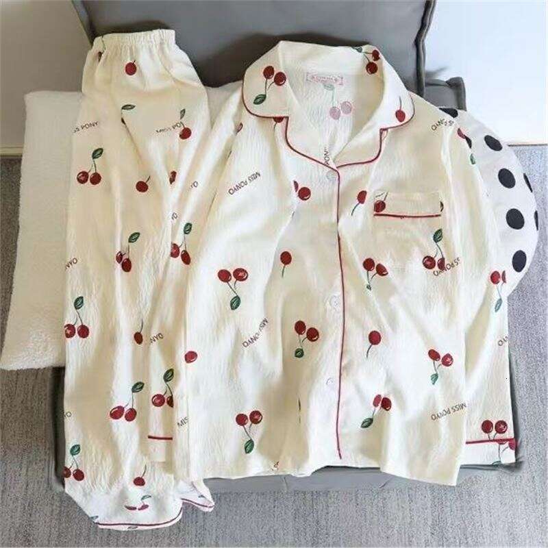 Little Cherry Pajamas for Women Spring and Autumn Sleeve Long Pants Cardigan Ins Style Loose Comfortable Thin Homewear Set