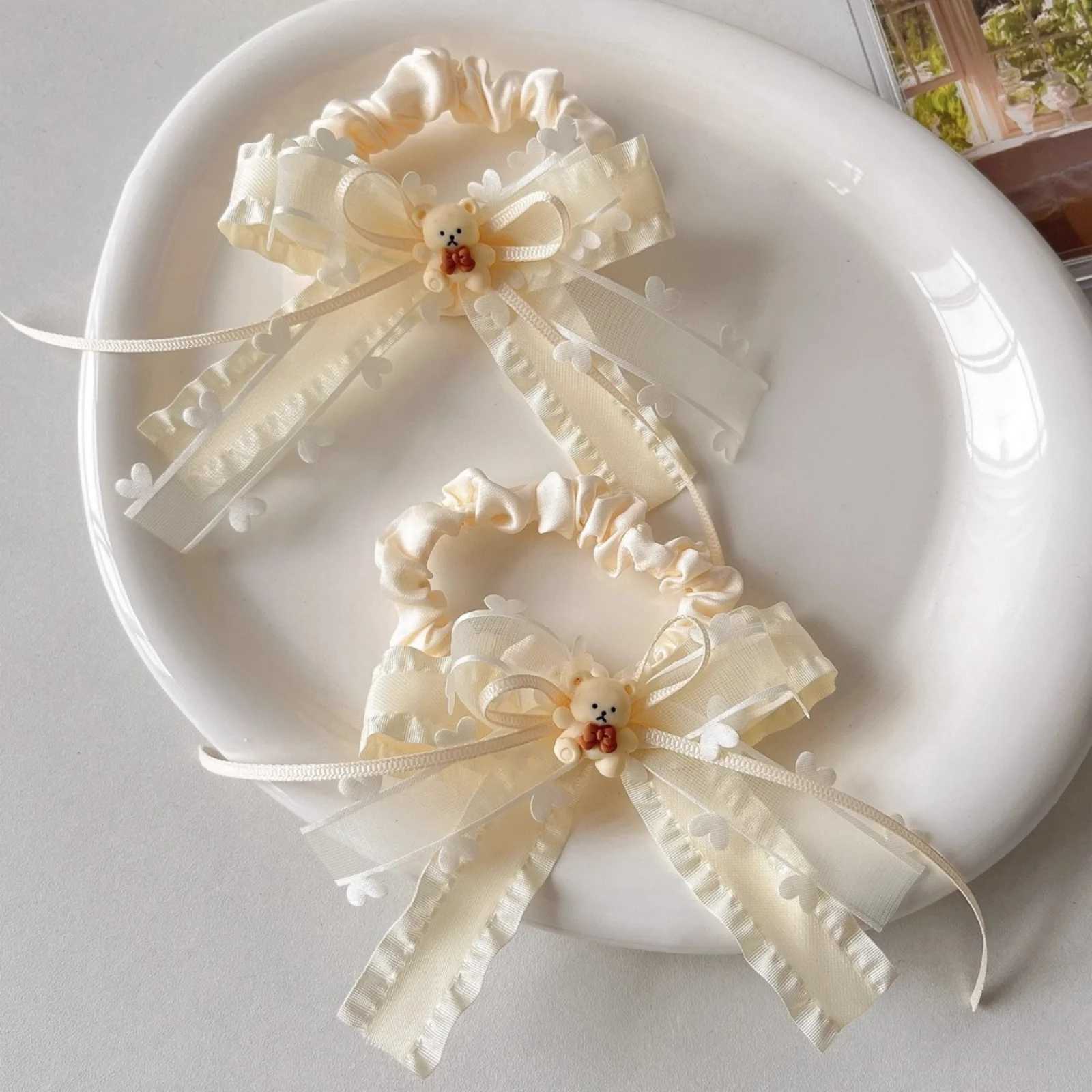 2PCS Cute Cream MultiLayer Ribbon Hair Clips Bangs and Seaside Clips Hair Rope Double Ponytail HeadwearW254021