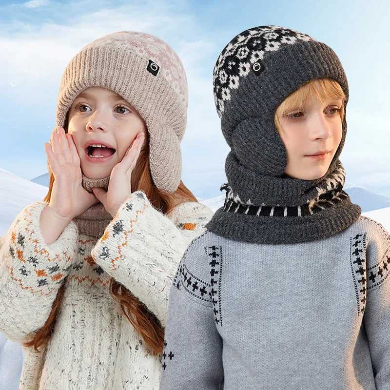 2Pcs Winter Kids Knitted Hat Scarf Set 2025 New Children Beanie Hats Neck Warmer Fleece Lining Skiing Child Girl Boy Cap 410Y J251021