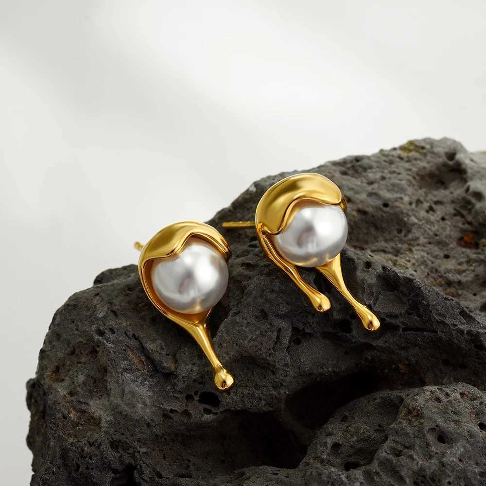 Irregular Molten Droplets Pearl Stud Earrings Stainless Steel Metal Waterdrop Earring Unusual Jewelry for Women J251021