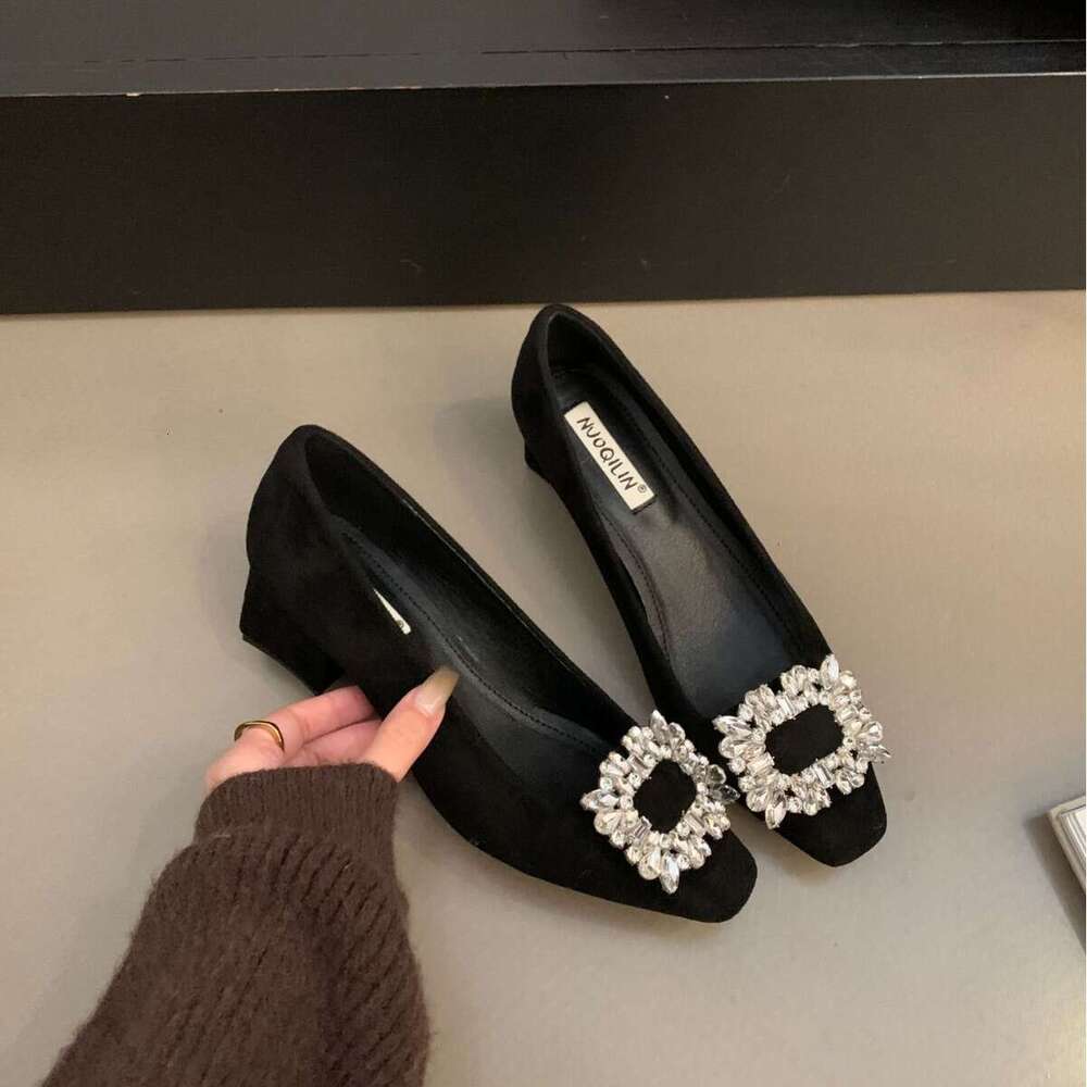 Square Toe Rhinestone French Low Heel Single 2025 Spring New Flat Designer Shoe Elegant Black Leather Commuter Shoes