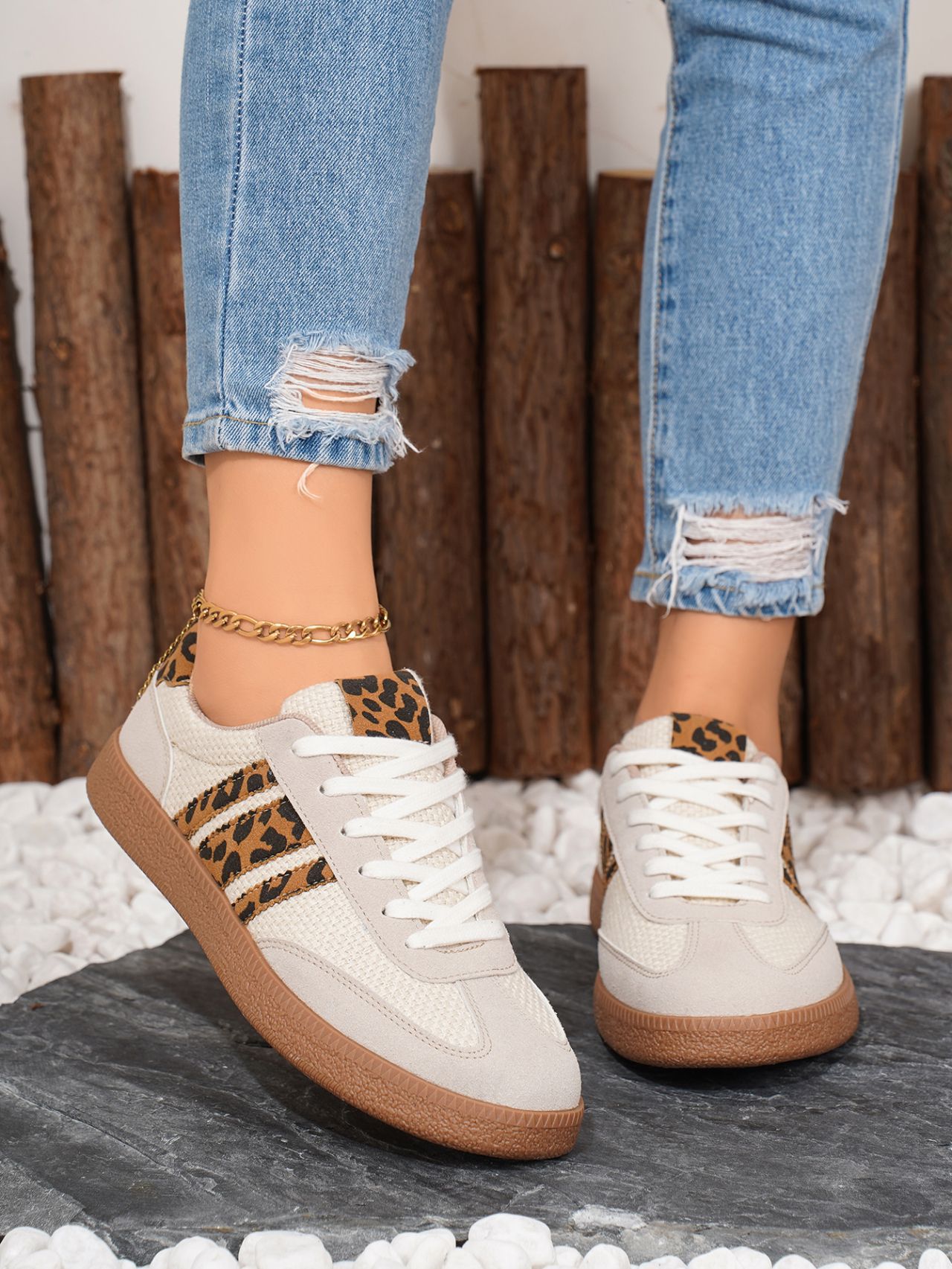 Retro German training shoes women's new lace-up color-blocked round toe leopard print contrasting flat casual board shoes2025