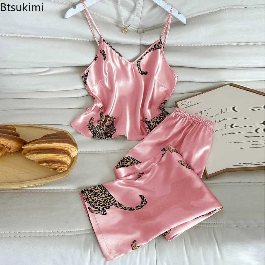 2025 Summer Womens Sexy Pajamas Leopard Print Suspenders Trousers Set Fashion Simulation Silk Senior Sense of Home Wear Pajamas Y251104