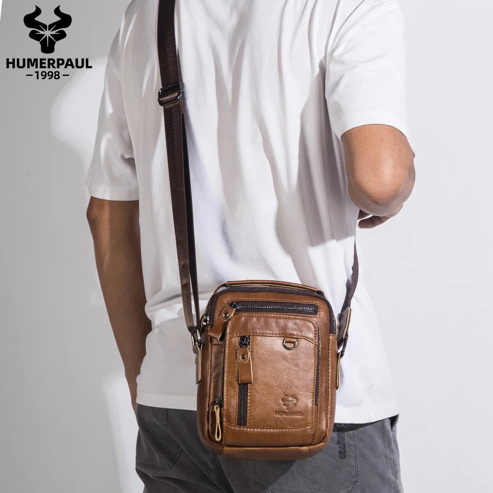 HUMERPAUL 100 Genuine Leather Mens Shoulder Messenger Bag Small Business Crossbody Handbag for Work Male Travel Sling Bolso 251014