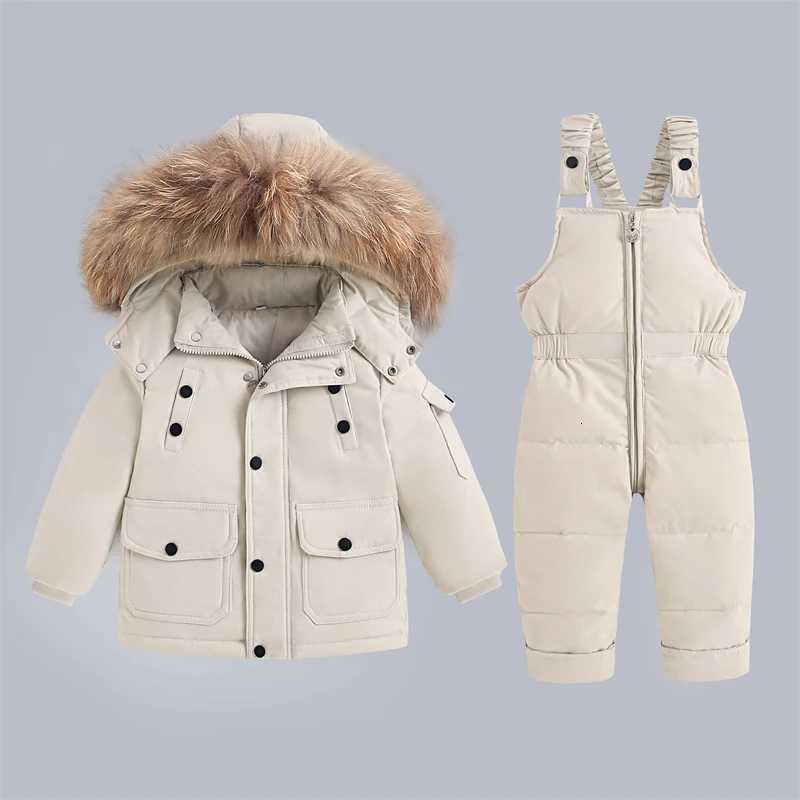 30Degree Russia 2Pcs Set Children Winter Down Jacket and Jumpsuit Thicken Boy Girls Ski Suit Real Fur Collar Warm Kids SnowsuitT251021