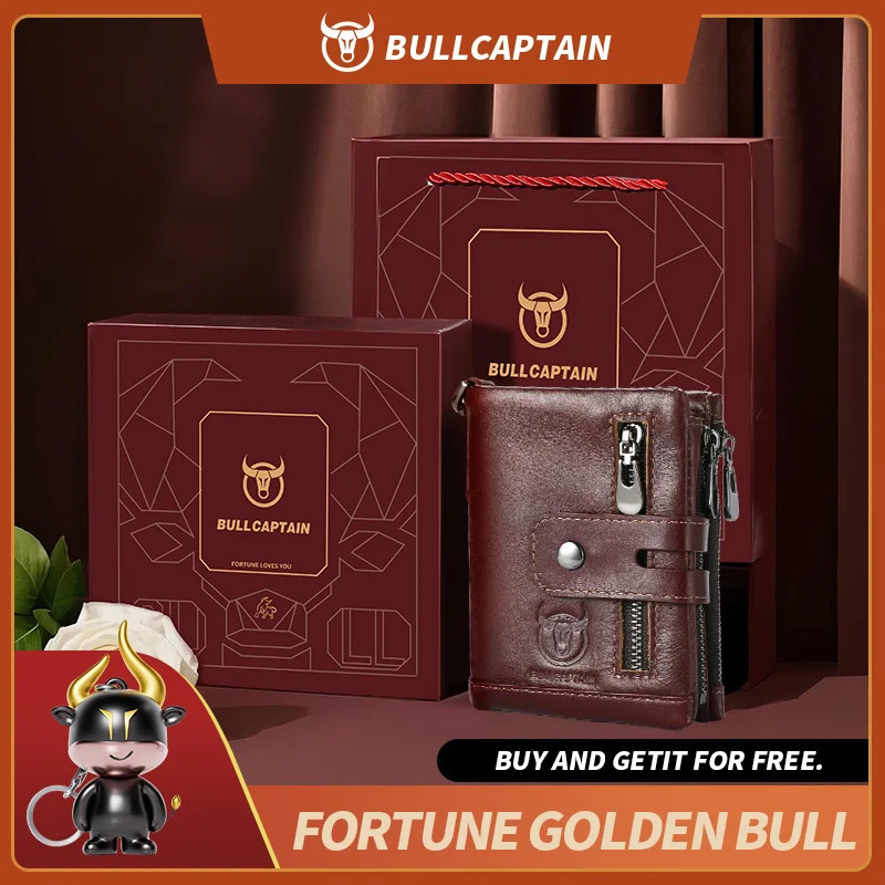 Bullcaptain Genuine Leather Mens Wallet Fashion Quality Travel Purse Rfid Protect Credit Card Holder Wollst for Men with Chain 251013