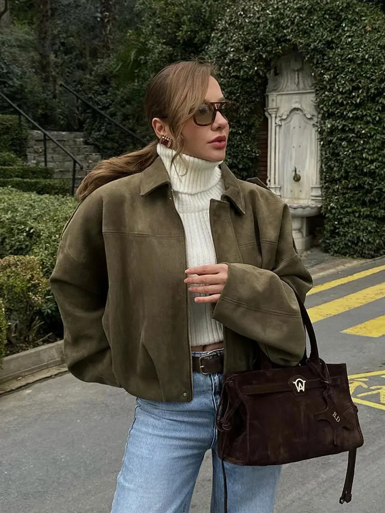 HH Womens Autumn Causal Loose Suede Texture Jackets Long Sleeves Solid Lapel Zipper Fly Coat Female Street Fashion Coats 251021