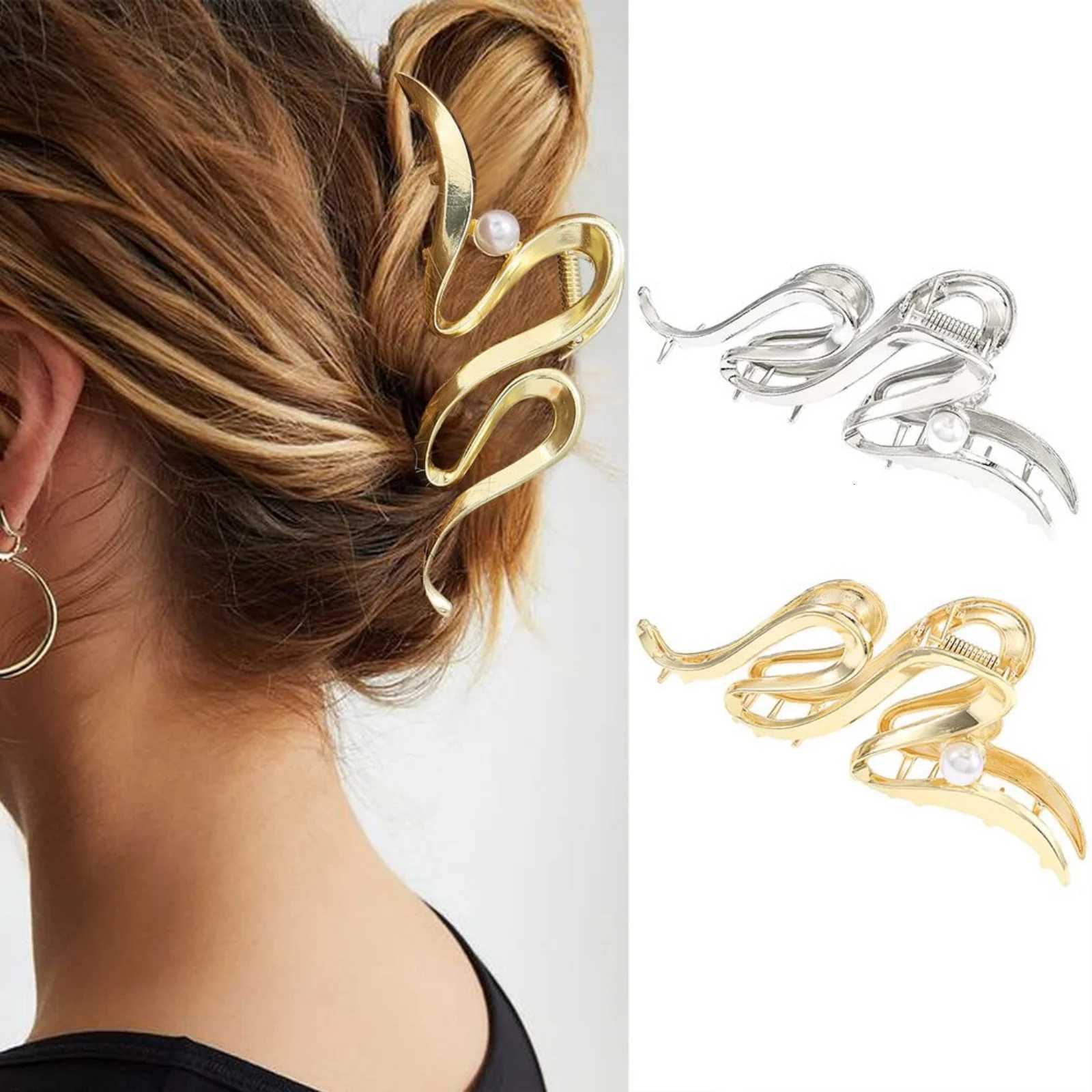 1PC Gold and Silver S Shaped Hair Clamps Pearl Accented Hair Accessories Trendy Clips for Womens Updo HairstylesW254021