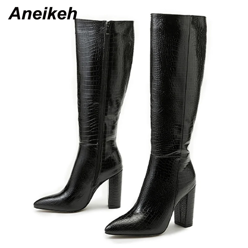 Aneikeh Pointed Thick Heels Knee Long Boots Womens 2025 SpringAutumn Patent Leather Pattern Panel Side Zipper Boots 251021