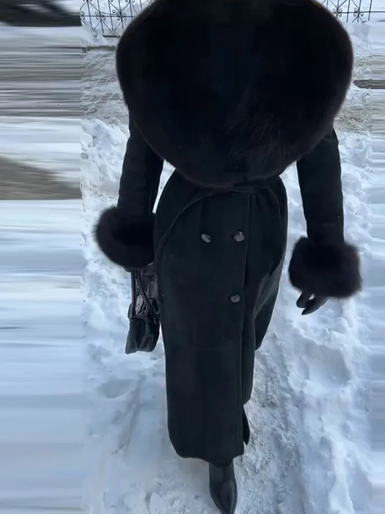 Fluffy Fur Long Womens Coat Elegant Lace Up Full Sleeve Vneck Female Jackets Winter Fashion Split Loose Lady Outwears 251017