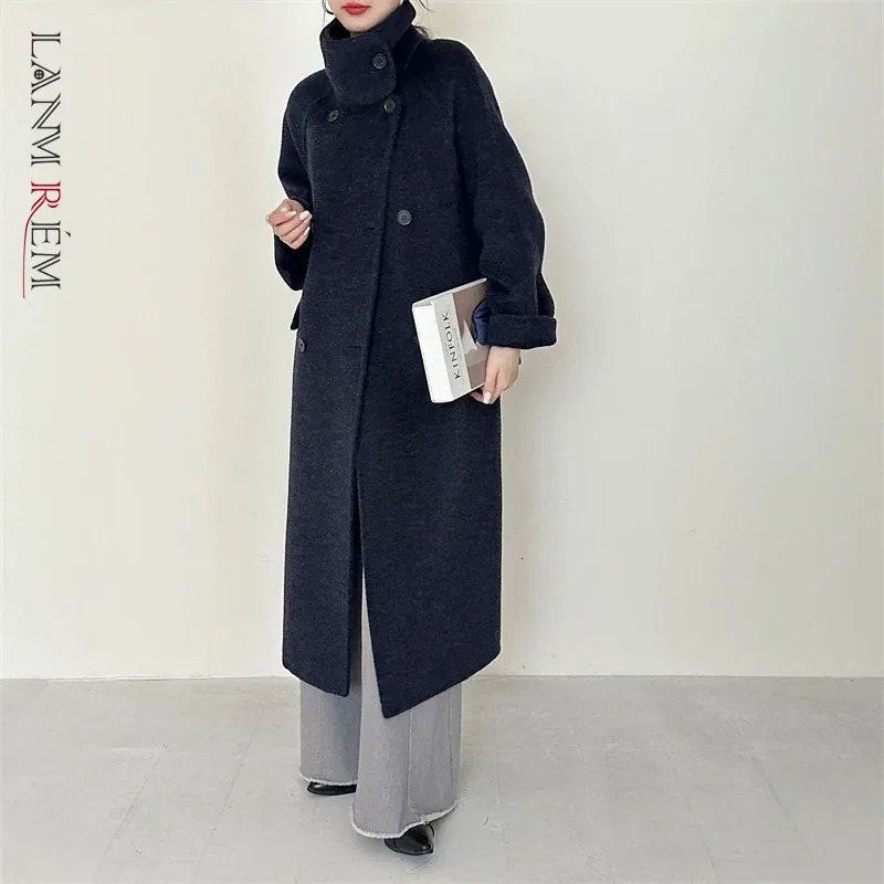 LANMREM Stand Collar Navy Blue Womens Doublefaced Woolen Coat Raglan Sleeve Double Breasted Autumn Winter Clothing 2DB4773 251017