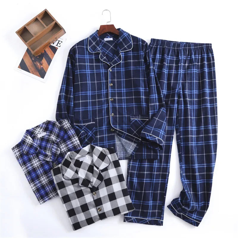 Autumn and Winter Mens est Cotton Flannel Brushed Trouser Suit Plaid Clothes with Button Pajama Set Homewear Men Suit 251021