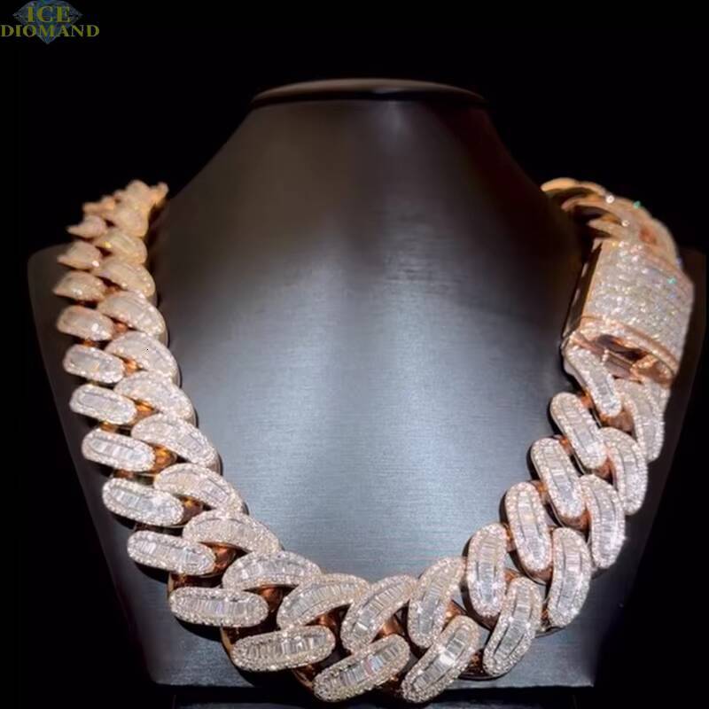 High Quality Rangular Fudge Iced VVS Moissanite Cuban Link Prong Inlaid 925 Silver Plated 18K Real Gold Cuban Necklace