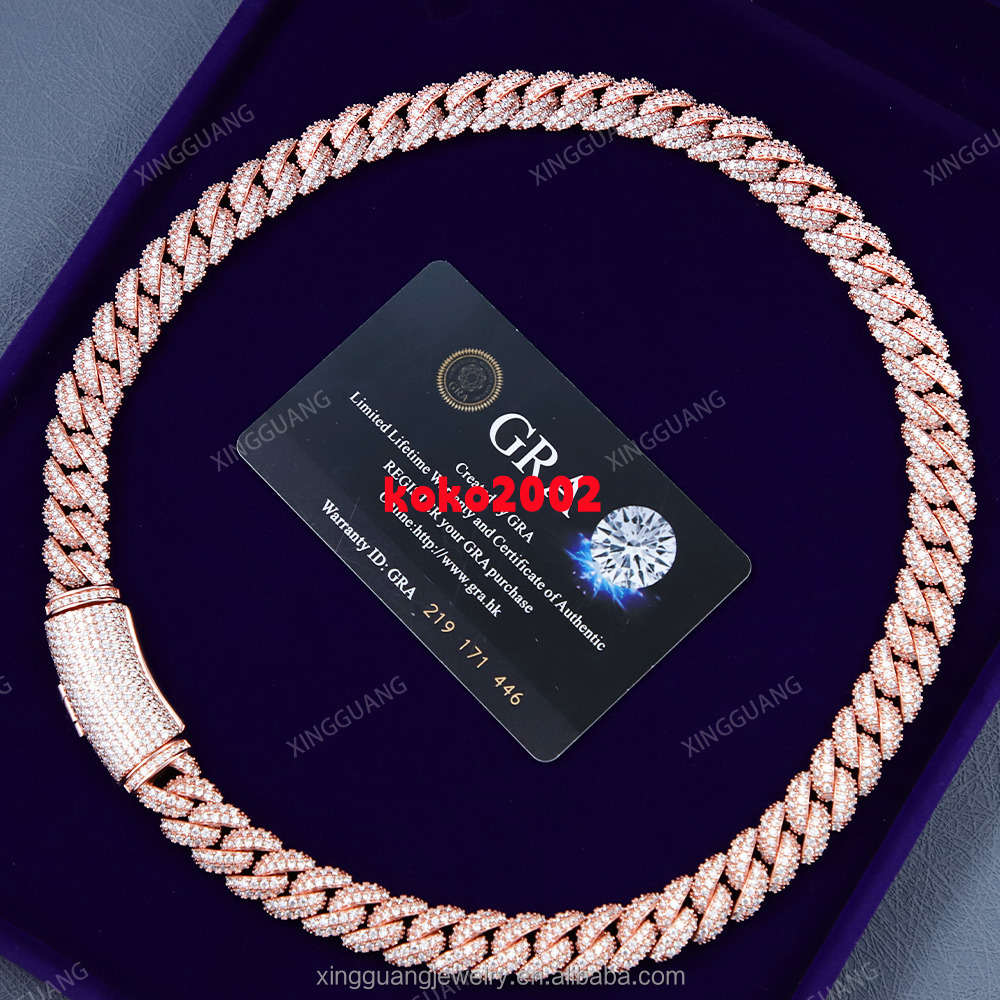 13mm Wide WhiteYellowRose Gold Plated S925 Silver Gold Plated VVS Moissanite Diamond Cuban Link Chain for Mens Hip Hop