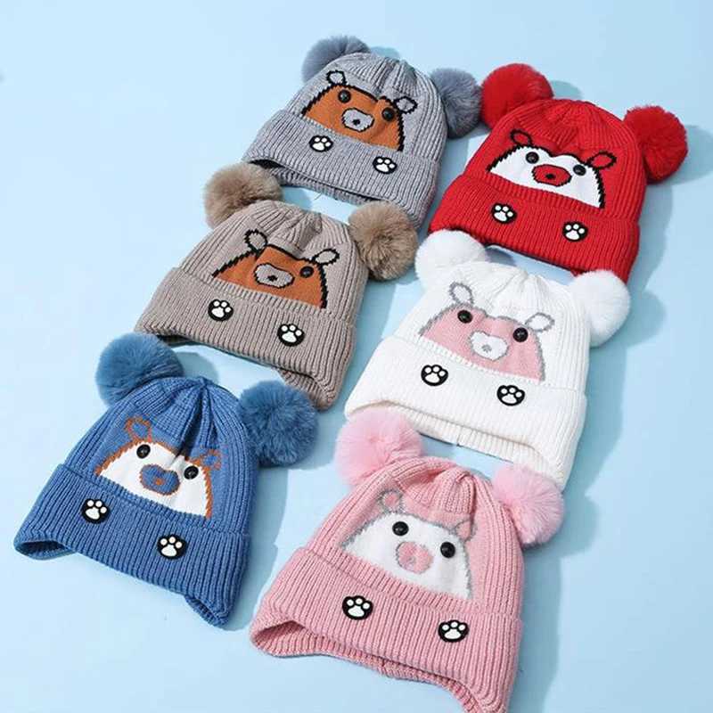 Cute Cartoon Baby Earmuffs Cap Plush Ball Children Ear Protection Hat 26year Baby Winter Woolen Warm Knit Hats Laceup Beanies J251021