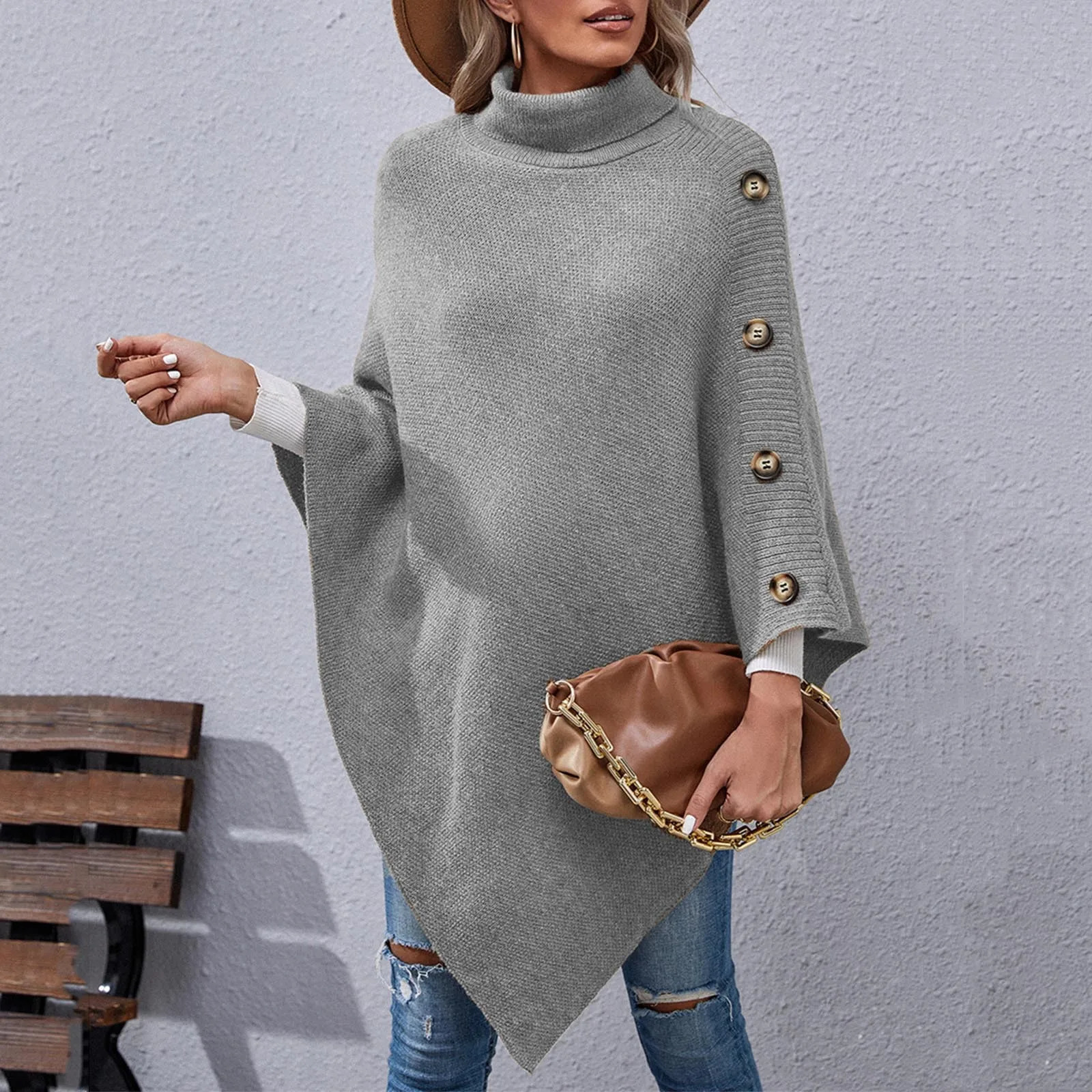 WomenS Fashion Temperament Casual Button Turtleneck Irregular Sweater Cape Coat Elegant Womens Shawl Scarf 251021