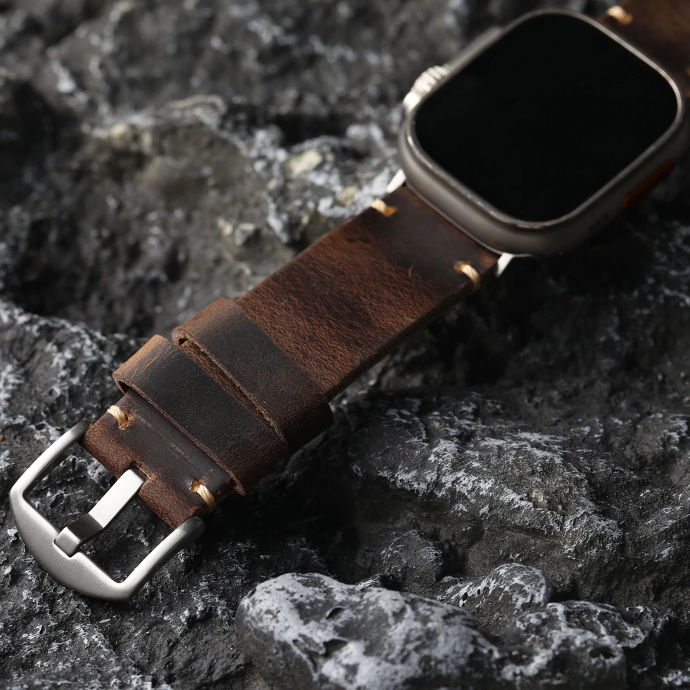 Handmade Top Layer Cowhide Strap Retro Style For iWatch Watch Ultra 2 49MM 45MM 44MM 42MM Men Thickened Watch Chain Brown 251016