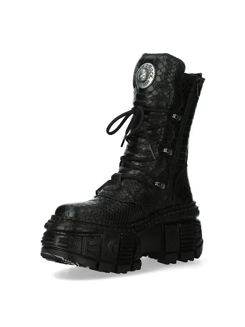 Mens Fashion Snake Pattern Genuine Leather Motorcycle Boots Goth Punk Midcalf Western Boots Metallic Platform Rock Boots251020