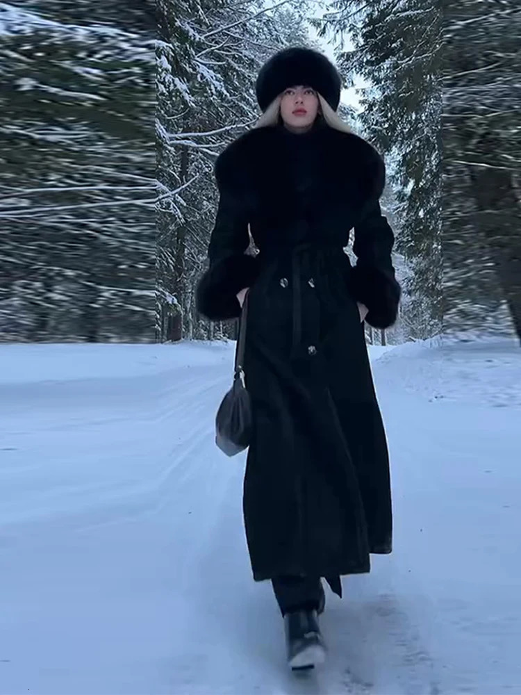 Fluffy Fur Long Womens Coat Elegant Lace Up Full Sleeve Vneck Female Jackets Winter Fashion Split Loose Lady Outwears 251013