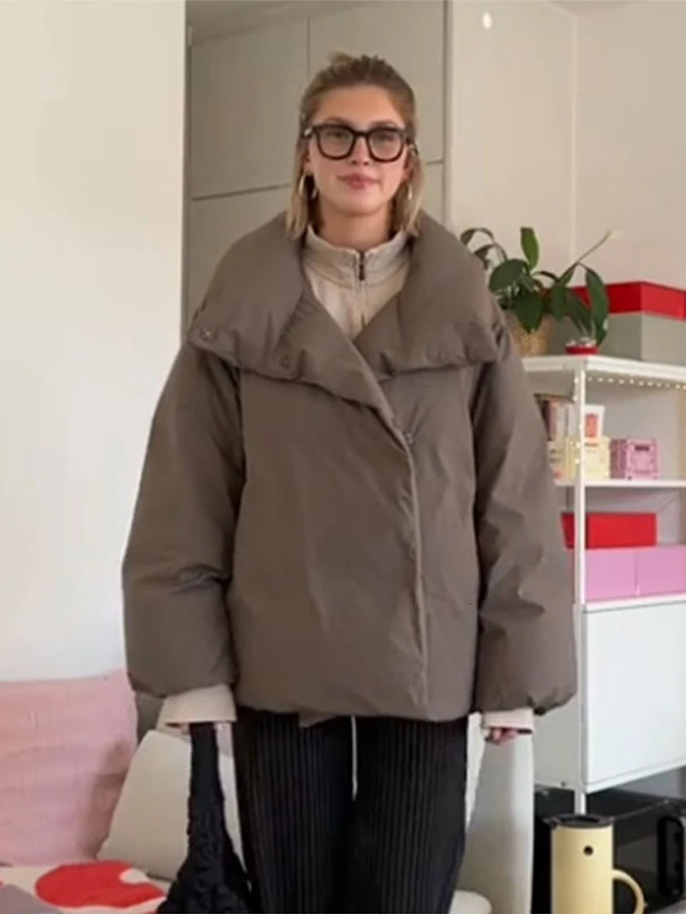 Stand Collar Women Padded Jacket 2025 Autumn Winter Covered Button Loose Female Long Sleeve Jackets Office Lady Street Short Top 251021