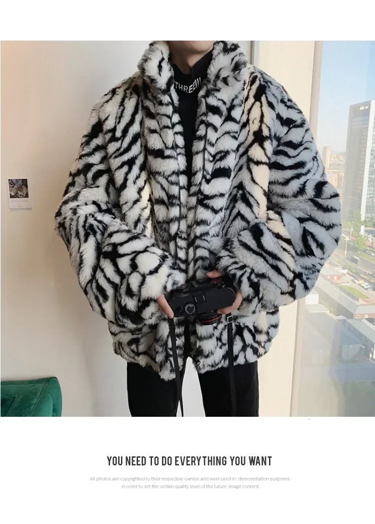 Tiger Stripes Printed Men Jacket Loose Fluffy Fur Leopard Print Long Sleeve Coat 251021