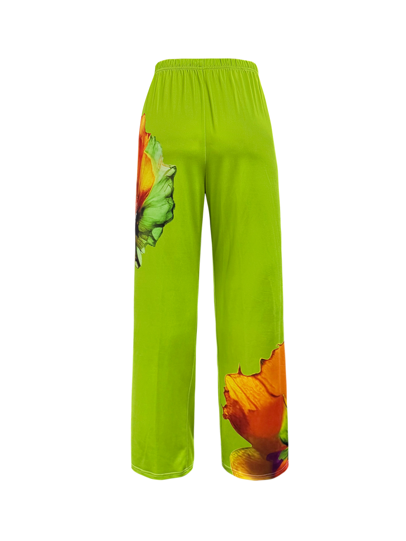 Women's Fashion Green Floral Printed Commute Casual Wide-Leg Pants, Milk Silk Versatile Trousers-CF52565